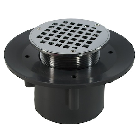 Jones Stephens 4in. Heavy Duty PVC Slab Drain Base with 3-1/2in. Metal Spud and 5in. Chrome Plated Strainer D49559